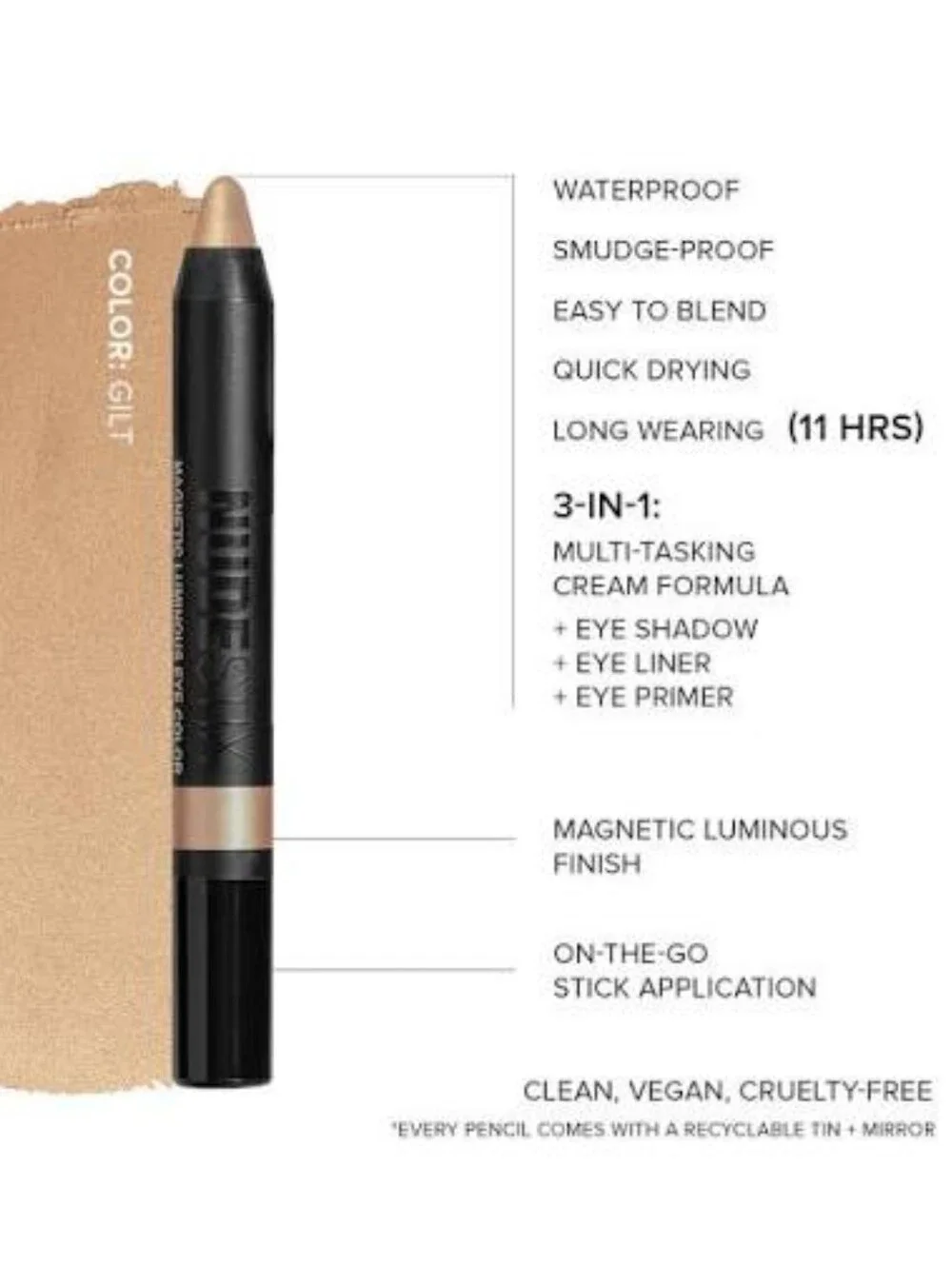 Nudestix Makeup Metallic Soft Gold Cream Eyeshadow Stick - Gilt - NEW